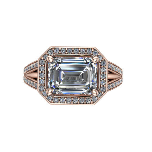 Brinley emerald vintage halo engagement ring in 14K Rose Gold with bezel-edged milgrain halo and pavé split shank, top-down view of the bezel-framed pavé halo