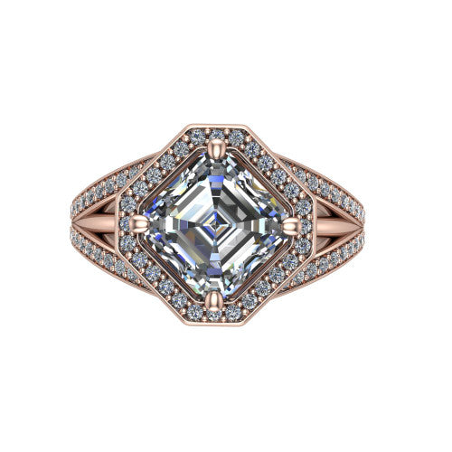 Brinley asscher vintage halo engagement ring in 14K Rose Gold with bezel-edged milgrain halo and pavé split shank, top-down view of the bezel-framed pavé halo