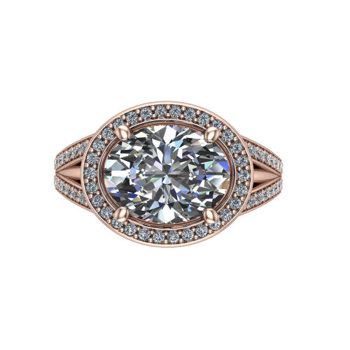 Brinley oval vintage halo engagement ring in 14K Rose Gold with bezel-edged milgrain halo and pavé split shank, top-down view of the bezel-framed pavé halo