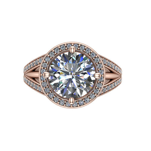 Brinley round vintage halo engagement ring in 14K Rose Gold with bezel-edged milgrain halo and pavé split shank, top-down view of the bezel-framed pavé halo