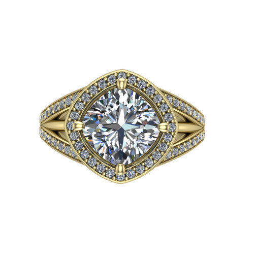 Brinley cushion vintage halo engagement ring in 18K Yellow Gold with bezel-edged milgrain halo and pavé split shank, top-down view of the bezel-framed pavé halo