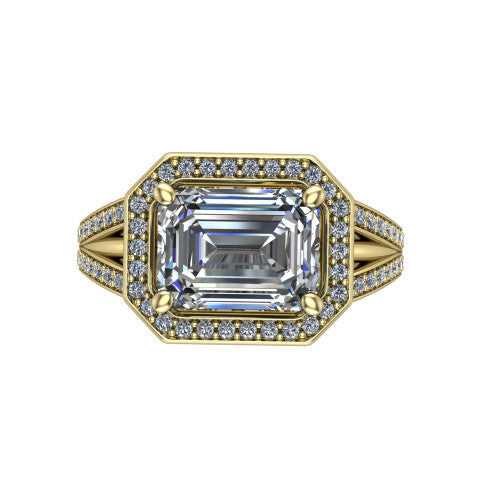Brinley emerald vintage halo engagement ring in 18K Yellow Gold with bezel-edged milgrain halo and pavé split shank, top-down view of the bezel-framed pavé halo