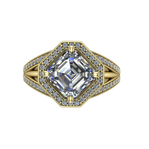 Brinley asscher vintage halo engagement ring in 14K Yellow Gold with bezel-edged milgrain halo and pavé split shank, top-down view of the bezel-framed pavé halo