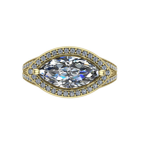 Brinley marquise vintage halo engagement ring in 18K Yellow Gold with bezel-edged milgrain halo and pavé split shank, top-down view of the bezel-framed pavé halo
