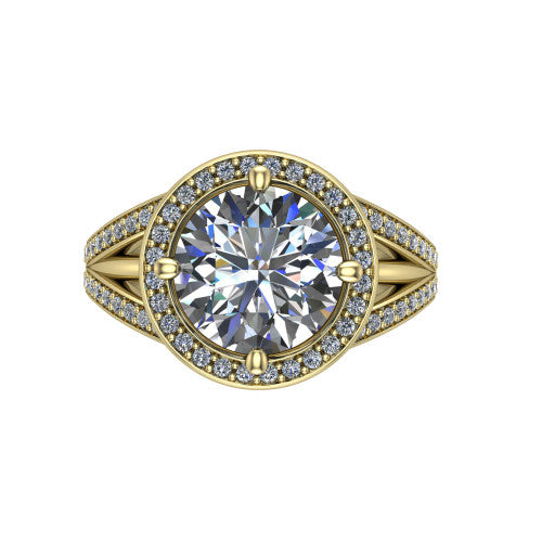 Brinley round vintage halo engagement ring in 14K Yellow Gold with bezel-edged milgrain halo and pavé split shank, top-down view of the bezel-framed pavé halo