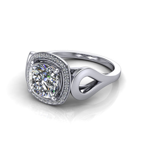 Hope cushion halo engagement ring in 18K White Gold with squared pavé halo and open-loop split shank, three-quarter perspective view