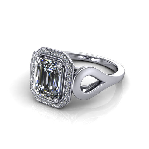 Hope emerald halo engagement ring in 18K White Gold with squared pavé halo and open-loop split shank, three-quarter perspective view