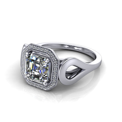 Hope asscher halo engagement ring in 18K White Gold with squared pavé halo and open-loop split shank, three-quarter perspective view