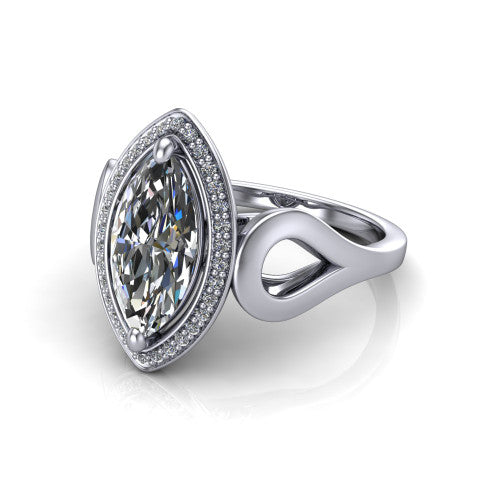 Hope marquise halo engagement ring in Platinum with squared pavé halo and open-loop split shank, three-quarter perspective view
