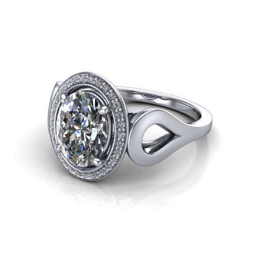 Hope oval halo engagement ring in 14K White Gold with squared pavé halo and open-loop split shank, three-quarter perspective view