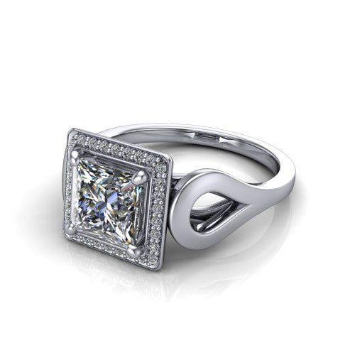 Hope princess halo engagement ring in 14K White Gold with squared pavé halo and open-loop split shank, three-quarter perspective view