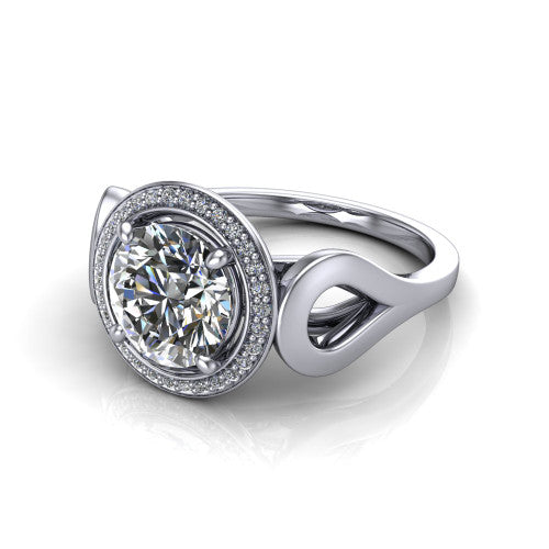 Hope round halo engagement ring in 14K White Gold with squared pavé halo and open-loop split shank, three-quarter perspective view