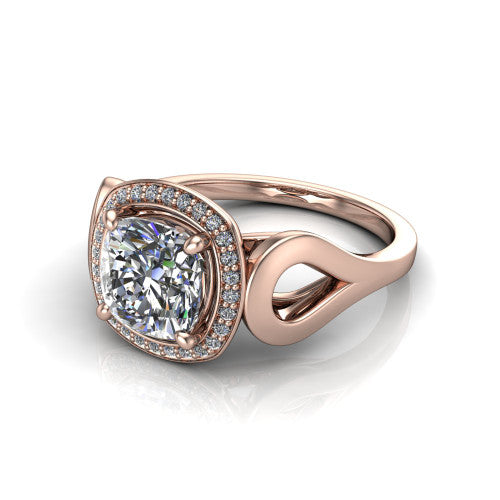 Hope cushion halo engagement ring in 14K Rose Gold with squared pavé halo and open-loop split shank, three-quarter perspective view