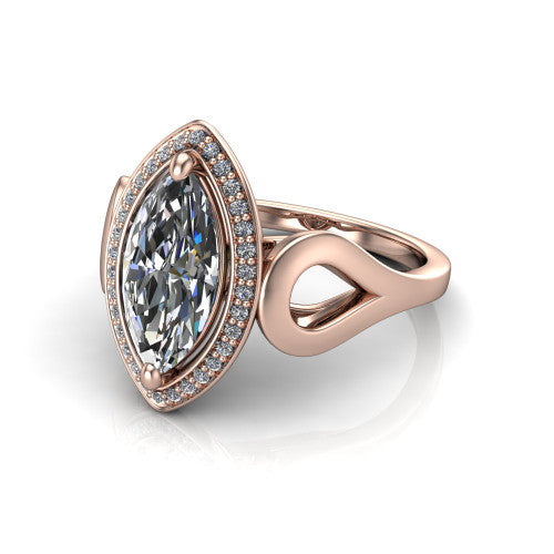 Hope marquise halo engagement ring in 18K Rose Gold with squared pavé halo and open-loop split shank, three-quarter perspective view