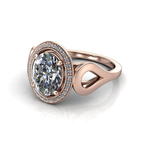 Hope oval halo engagement ring in 14K Rose Gold with squared pavé halo and open-loop split shank, three-quarter perspective view