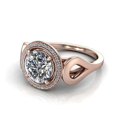 Hope round halo engagement ring in 14K Rose Gold with squared pavé halo and open-loop split shank, three-quarter perspective view