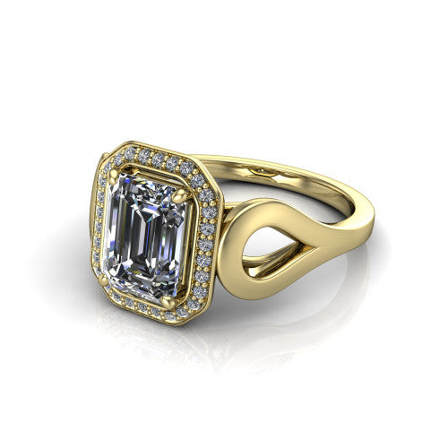 Hope emerald halo engagement ring in 14K Yellow Gold with squared pavé halo and open-loop split shank, three-quarter perspective view