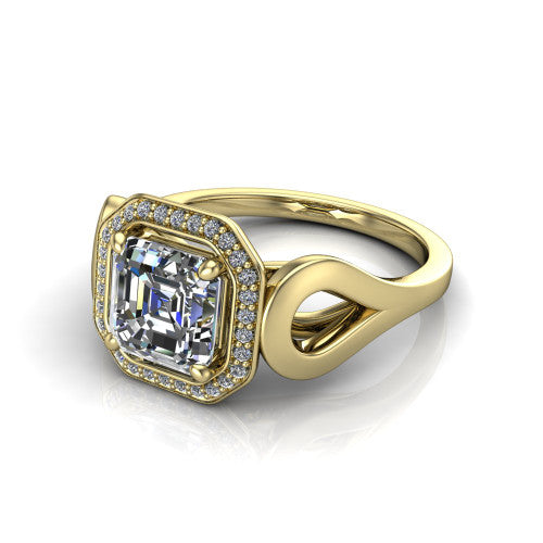 Hope asscher halo engagement ring in 14K Yellow Gold with squared pavé halo and open-loop split shank, three-quarter perspective view