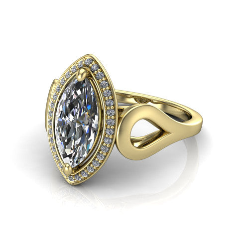 Hope marquise halo engagement ring in 14K Yellow Gold with squared pavé halo and open-loop split shank, three-quarter perspective view