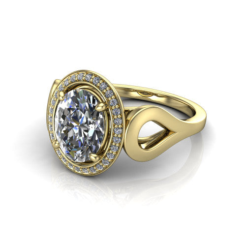 Hope oval halo engagement ring in 18K Yellow Gold with squared pavé halo and open-loop split shank, three-quarter perspective view