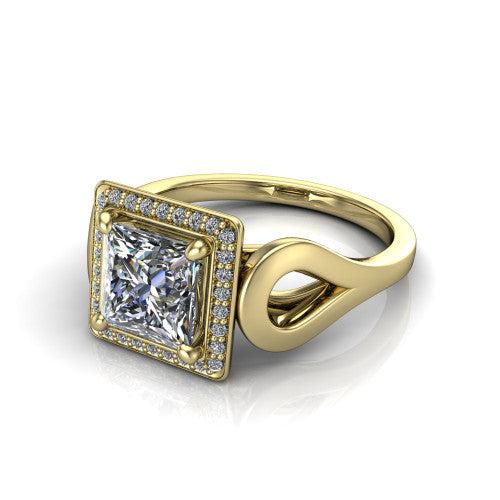 Hope princess halo engagement ring in 14K Yellow Gold with squared pavé halo and open-loop split shank, three-quarter perspective view