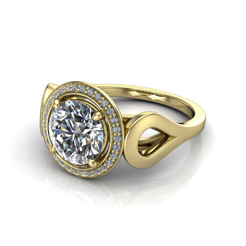 Hope round halo engagement ring in 14K Yellow Gold with squared pavé halo and open-loop split shank, three-quarter perspective view