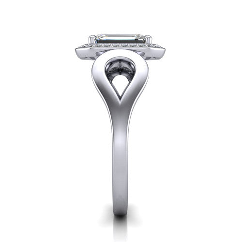 Hope emerald halo engagement ring in 14K White Gold with squared pavé halo and open-loop split shank, side profile showing the polished loop split shank and pavé gallery