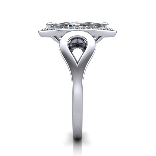 Hope marquise halo engagement ring in 14K White Gold with squared pavé halo and open-loop split shank, side profile showing the polished loop split shank and pavé gallery