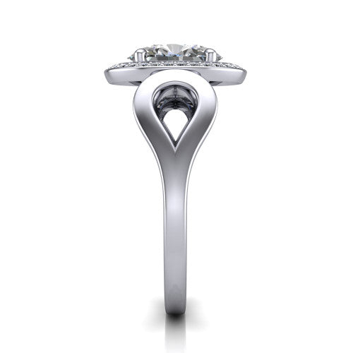 Hope oval halo engagement ring in 18K White Gold with squared pavé halo and open-loop split shank, side profile showing the polished loop split shank and pavé gallery