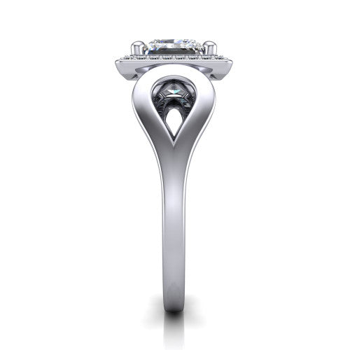 Hope princess halo engagement ring in Platinum with squared pavé halo and open-loop split shank, side profile showing the polished loop split shank and pavé gallery