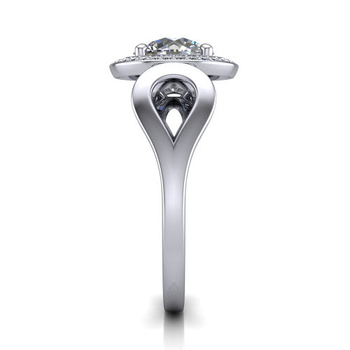 Hope round halo engagement ring in 18K White Gold with squared pavé halo and open-loop split shank, side profile showing the polished loop split shank and pavé gallery