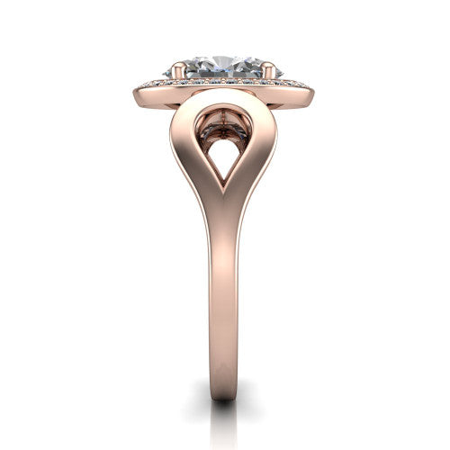 Hope oval halo engagement ring in 18K Rose Gold with squared pavé halo and open-loop split shank, side profile showing the polished loop split shank and pavé gallery