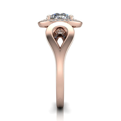 Hope round halo engagement ring in 18K Rose Gold with squared pavé halo and open-loop split shank, side profile showing the polished loop split shank and pavé gallery
