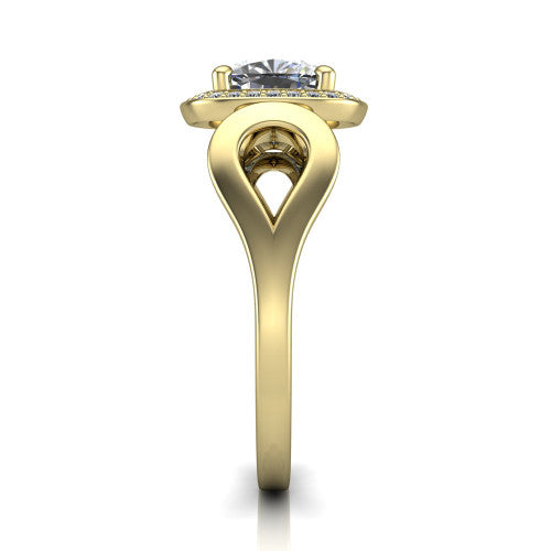 Hope cushion halo engagement ring in 14K Yellow Gold with squared pavé halo and open-loop split shank, side profile showing the polished loop split shank and pavé gallery