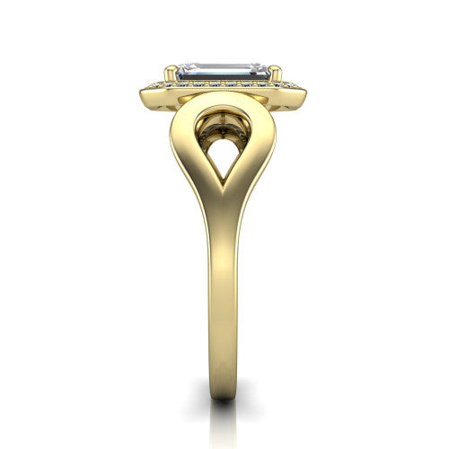 Hope emerald halo engagement ring in 14K Yellow Gold with squared pavé halo and open-loop split shank, side profile showing the polished loop split shank and pavé gallery