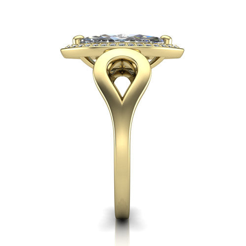 Hope marquise halo engagement ring in 14K Yellow Gold with squared pavé halo and open-loop split shank, side profile showing the polished loop split shank and pavé gallery