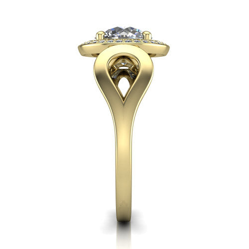 Hope round halo engagement ring in 18K Yellow Gold with squared pavé halo and open-loop split shank, side profile showing the polished loop split shank and pavé gallery