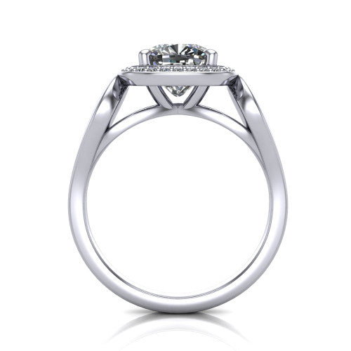 Hope cushion halo engagement ring in 18K White Gold with squared pavé halo and open-loop split shank, through-finger front profile showing the open-loop split shank