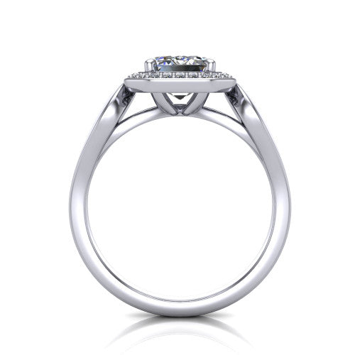 Hope emerald halo engagement ring in 14K White Gold with squared pavé halo and open-loop split shank, through-finger front profile showing the open-loop split shank