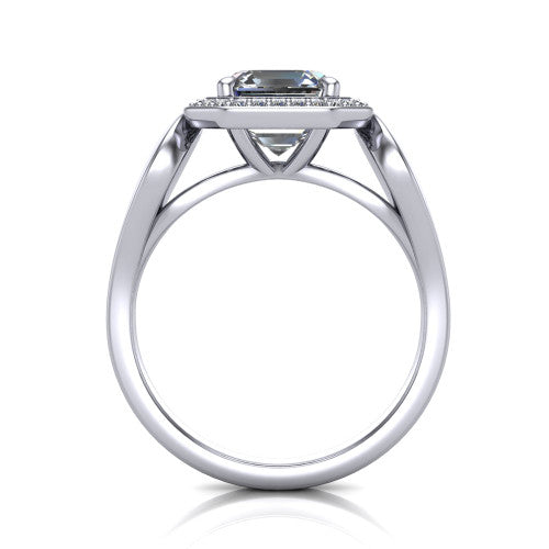 Hope asscher halo engagement ring in 14K White Gold with squared pavé halo and open-loop split shank, through-finger front profile showing the open-loop split shank