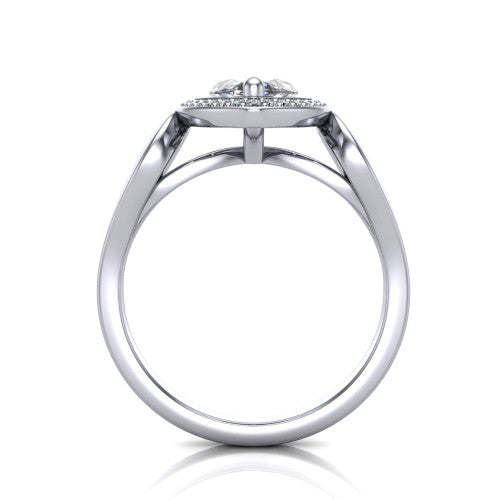 Hope marquise halo engagement ring in Platinum with squared pavé halo and open-loop split shank, through-finger front profile showing the open-loop split shank