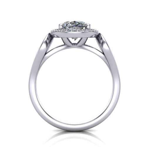 Hope oval halo engagement ring in Platinum with squared pavé halo and open-loop split shank, through-finger front profile showing the open-loop split shank