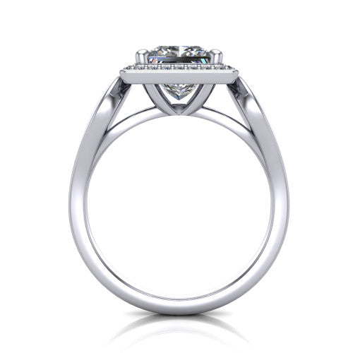 Hope princess halo engagement ring in 14K White Gold with squared pavé halo and open-loop split shank, through-finger front profile showing the open-loop split shank