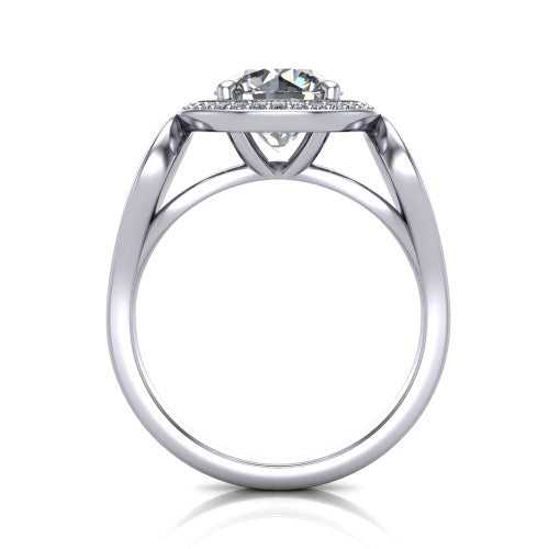 Hope round halo engagement ring in 18K White Gold with squared pavé halo and open-loop split shank, through-finger front profile showing the open-loop split shank