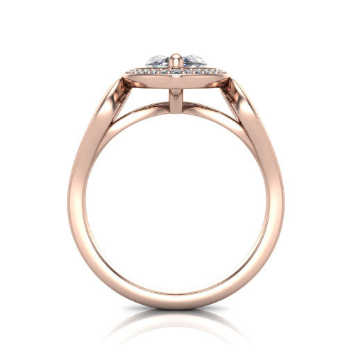 Hope marquise halo engagement ring in 14K Rose Gold with squared pavé halo and open-loop split shank, through-finger front profile showing the open-loop split shank