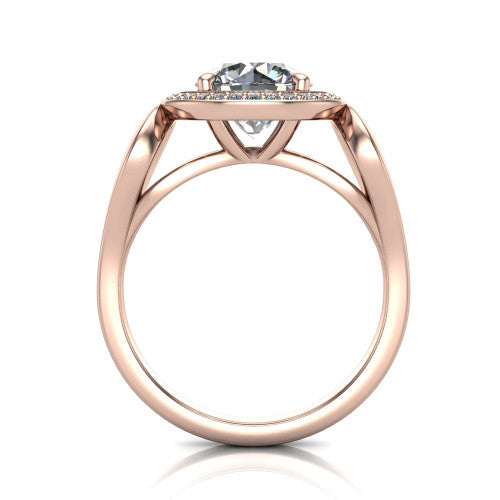 Hope round halo engagement ring in 14K Rose Gold with squared pavé halo and open-loop split shank, through-finger front profile showing the open-loop split shank