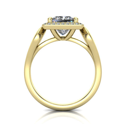 Hope princess halo engagement ring in 14K Yellow Gold with squared pavé halo and open-loop split shank, through-finger front profile showing the open-loop split shank