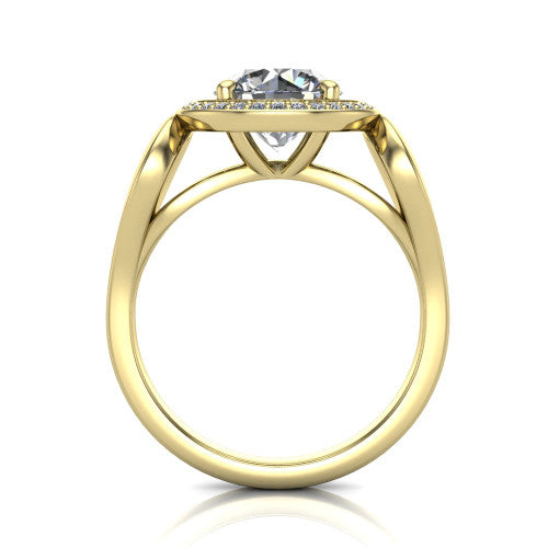 Hope round halo engagement ring in 18K Yellow Gold with squared pavé halo and open-loop split shank, through-finger front profile showing the open-loop split shank