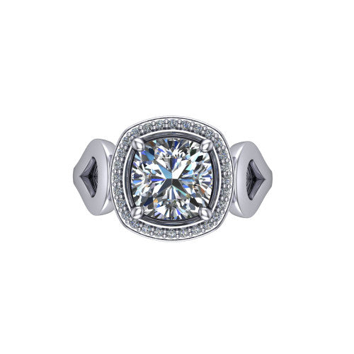 Hope cushion halo engagement ring in Platinum with squared pavé halo and open-loop split shank, top-down view of the squared halo and bezel side accents