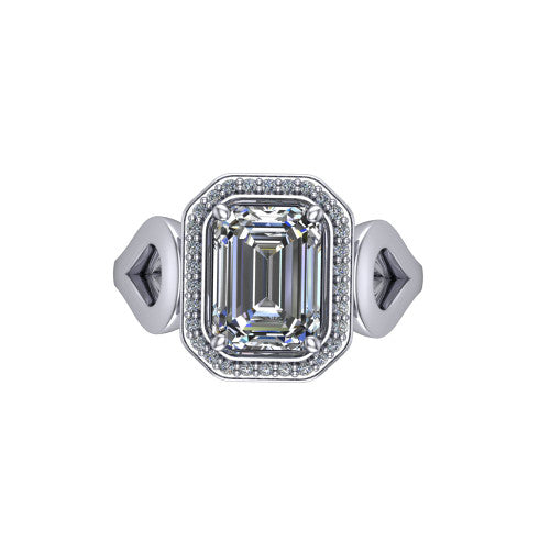 Hope emerald halo engagement ring in 14K White Gold with squared pavé halo and open-loop split shank, top-down view of the squared halo and bezel side accents
